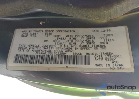 1990 Toyota Pickup 1/2 Ton Shrt Wheelbase Sr from USA, damaged, VIN JT4RN01S3L7022594